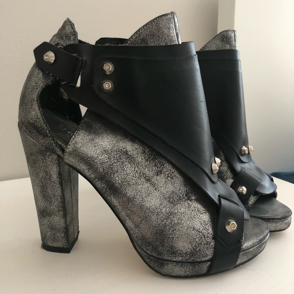 Silver Metallic and Black Peep Toe Booties